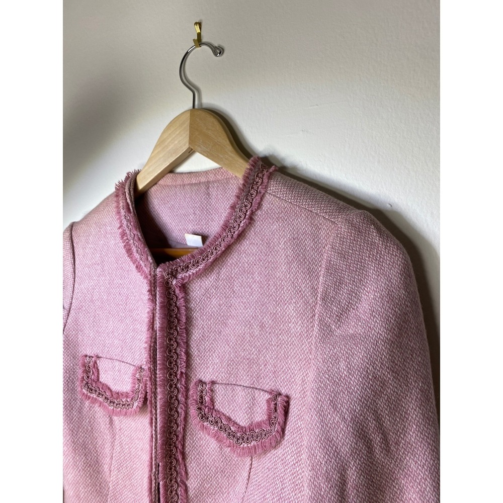 VTG Chic Pink Tweed Collarless Jacket Blazer Women Embellished Trim lined nice! - Picture 5 of 15